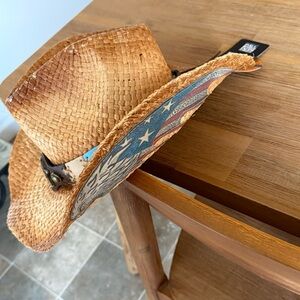 Angela & William Tan Straw Cowboy Hat with Brown Band and Blue Brim Accents New